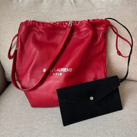 Saint Laurent Teddy Red Leather Bucket Bag NEW Silver YSL Logo Shoulder Bag